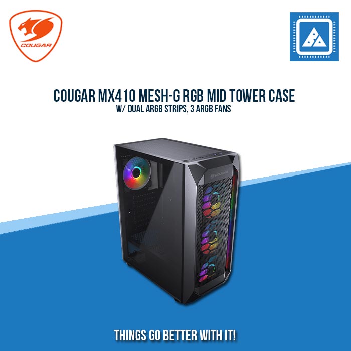 COUGAR MX410 MESH-G RGB MID TOWER CASE W/ DUAL ARGB STRIPS, 3 ARGB FANS COUGAR MX410 MESH-G RGB MID TOWER CASE W/ DUAL ARGB STRIPS, 3 ARGB FANS